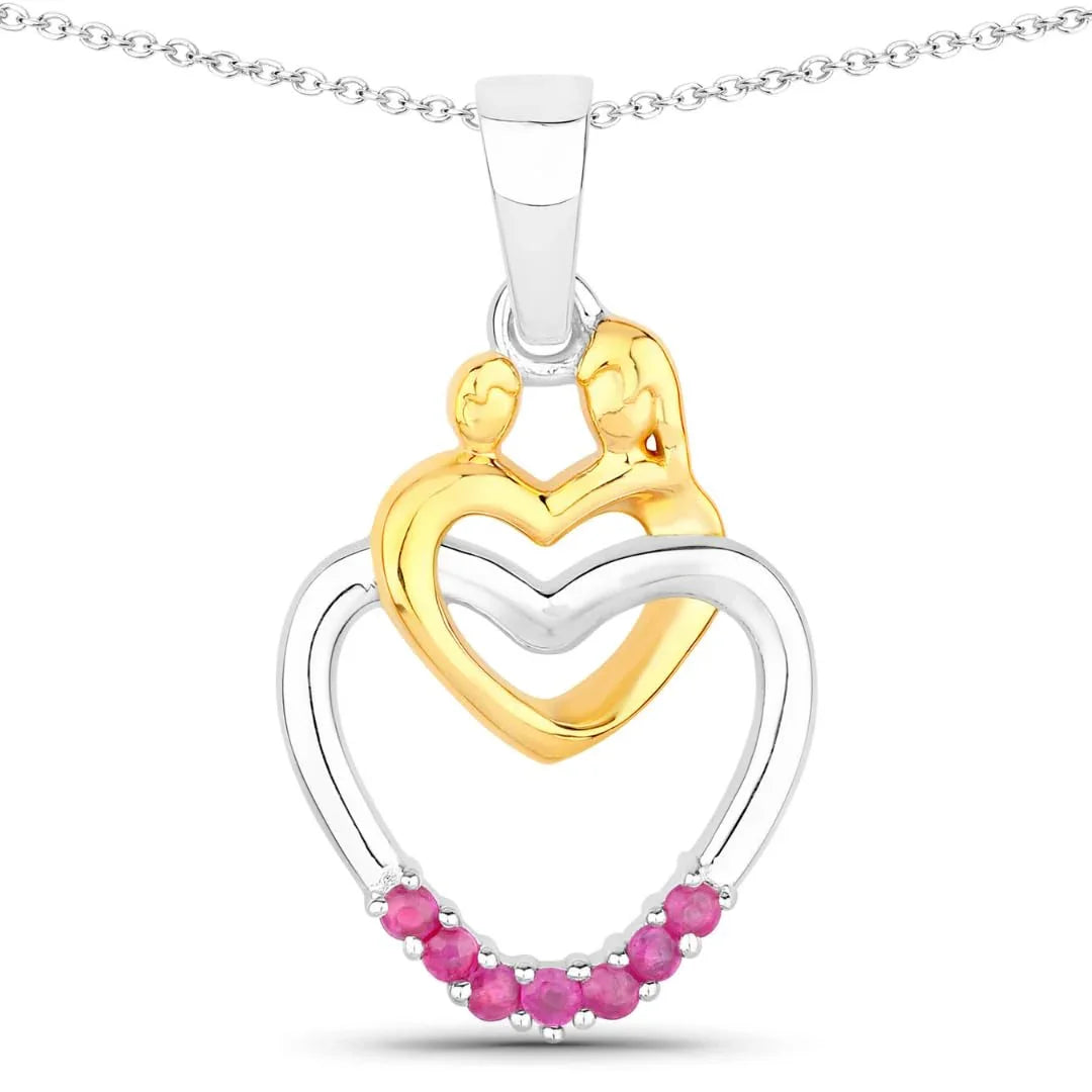 Round Pink Ruby Prong Silver Double Heart Pendant Necklace