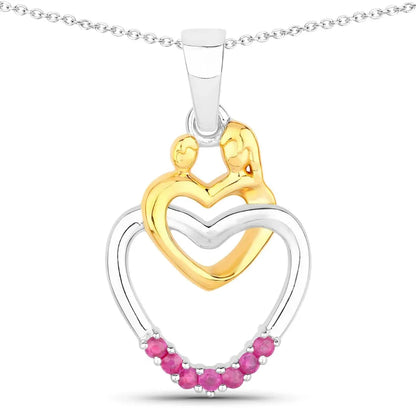 Round Pink Ruby Prong Silver Double Heart Pendant Necklace