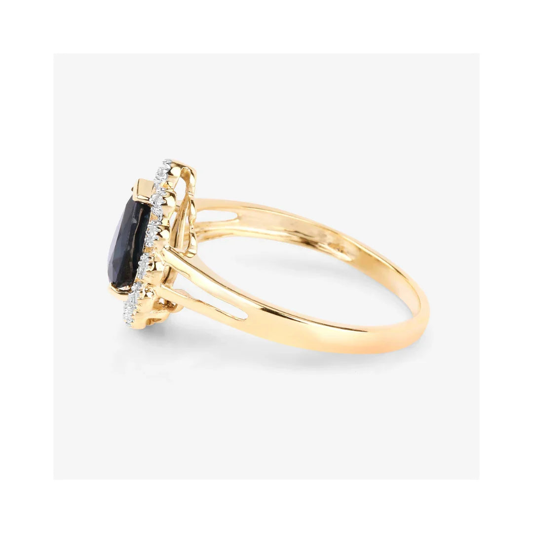 1.34 Ct Pear Blue Sapphire Diamond V-Prong 10k Gold Halo Statement Ring