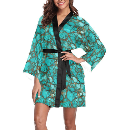 Baha Ranch All Turquoise Satin Kimono Sleeve Robe