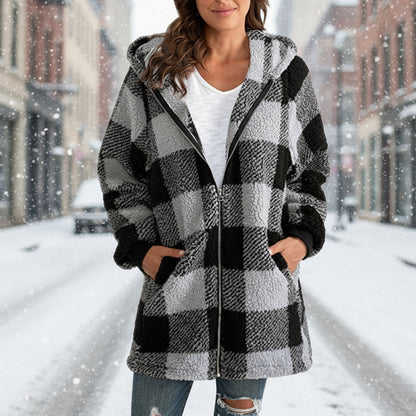 Plaid Hooded Zip-Up Oversized Jacket — Women’s Winter Commute Coat