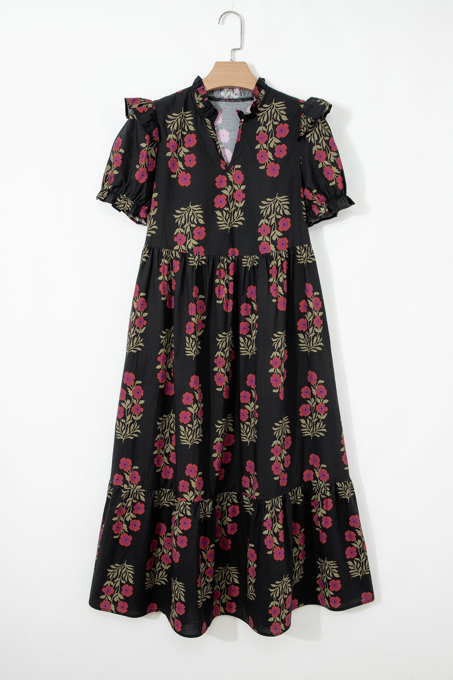Kali Floral Short Bubble Sleeve Tiered Maxi Dress - Black