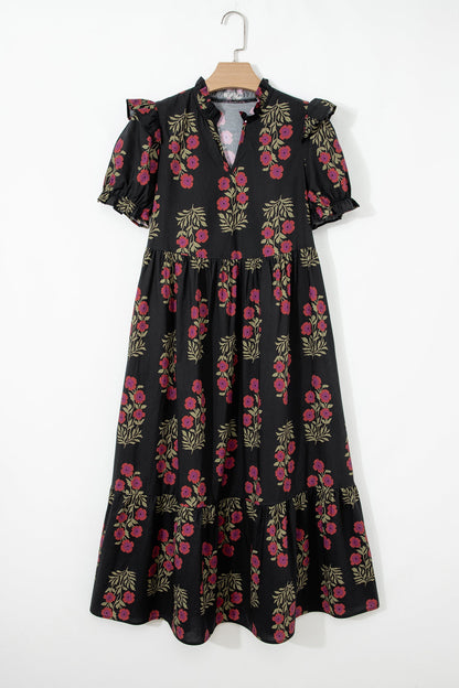 Kali Floral Short Bubble Sleeve Tiered Maxi Dress - Black