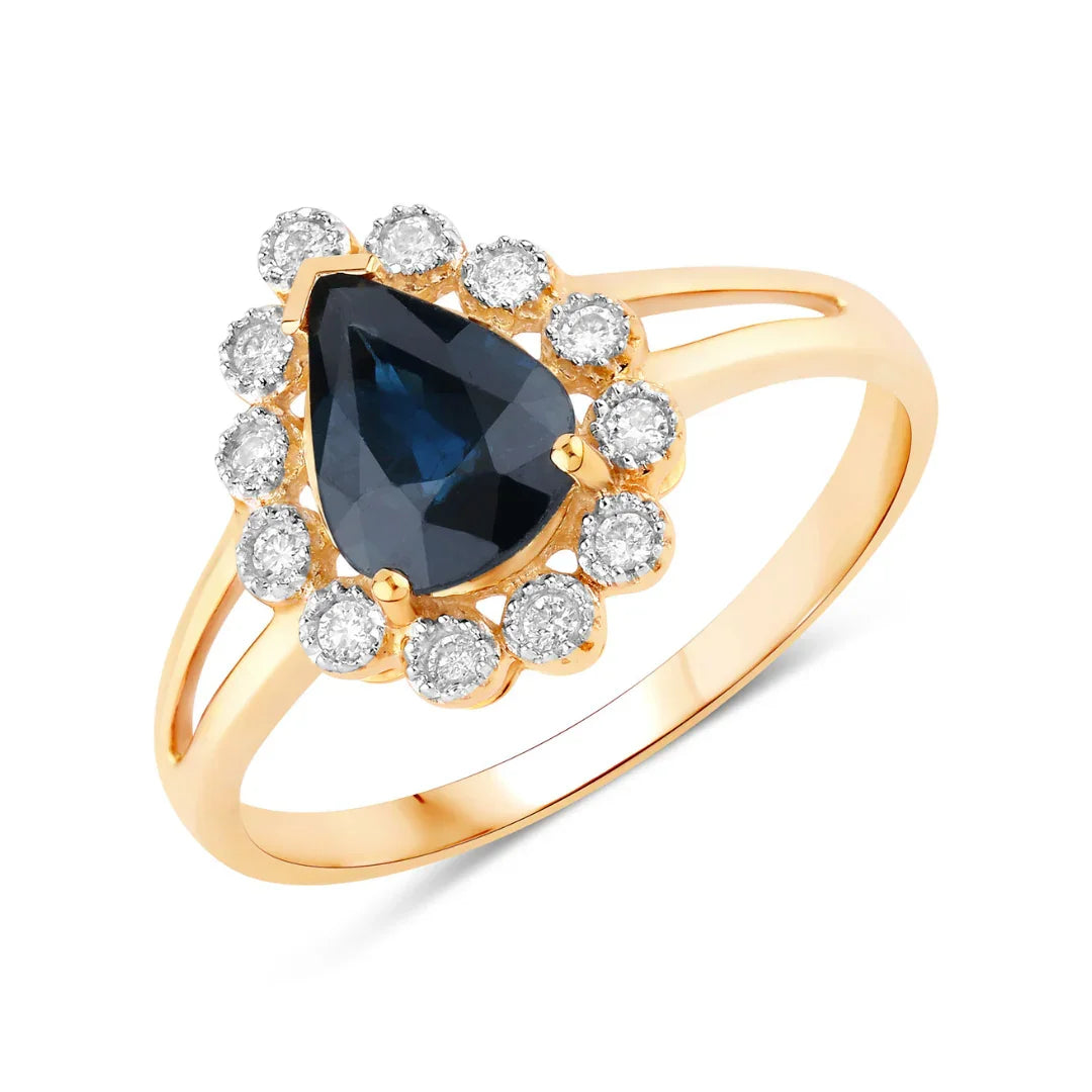1.34 Ct Pear Blue Sapphire Diamond V-Prong 10k Gold Halo Statement Ring