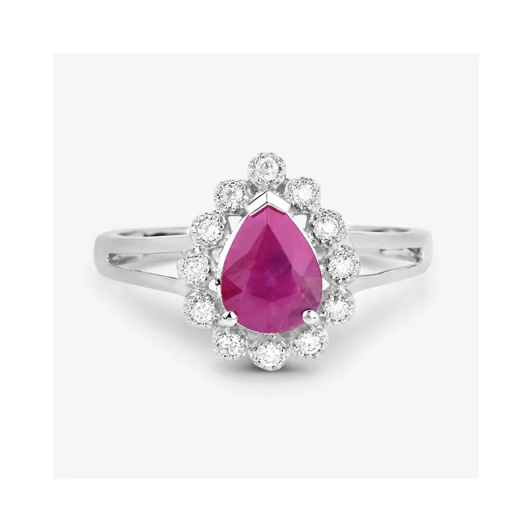 1.19 Ct Pear Pink Ruby White Diamond V-Prong 10K Gold Halo Ring