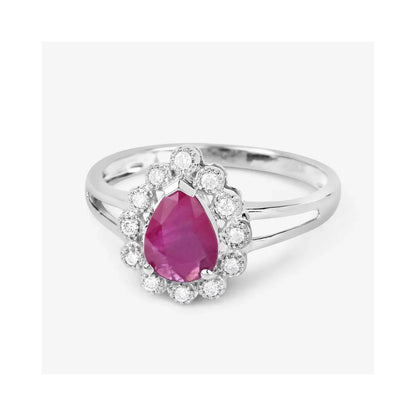 1.19 Ct Pear Pink Ruby White Diamond V-Prong 10K Gold Halo Ring