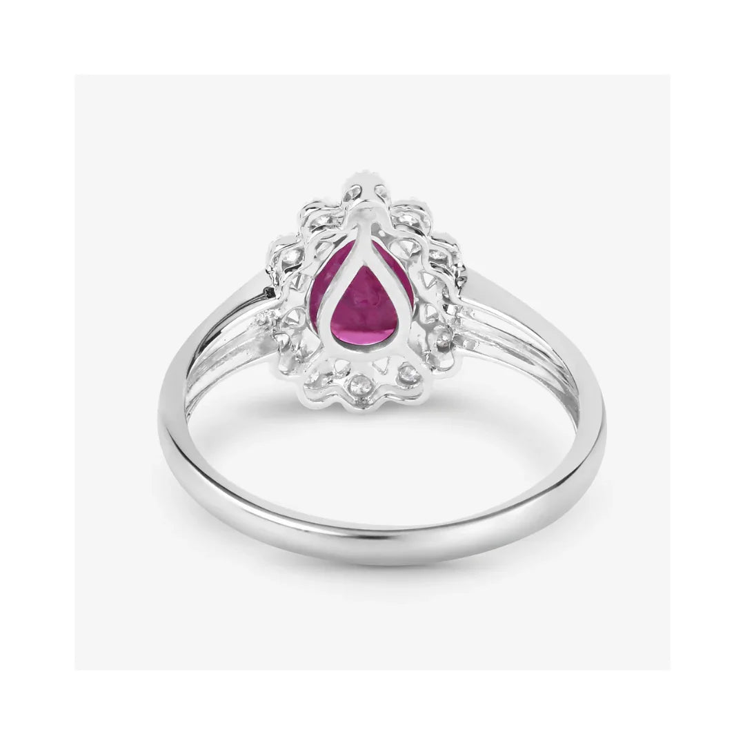 1.19 Ct Pear Pink Ruby White Diamond V-Prong 10K Gold Halo Ring