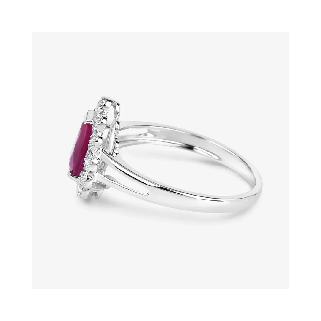 1.19 Ct Pear Pink Ruby White Diamond V-Prong 10K Gold Halo Ring