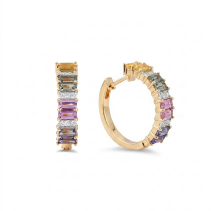 IGI Certified 2.10 Ct Multi Color Unheated Sapphire and Diamond 14K Yellow Gold Half Way Hoop Earrings