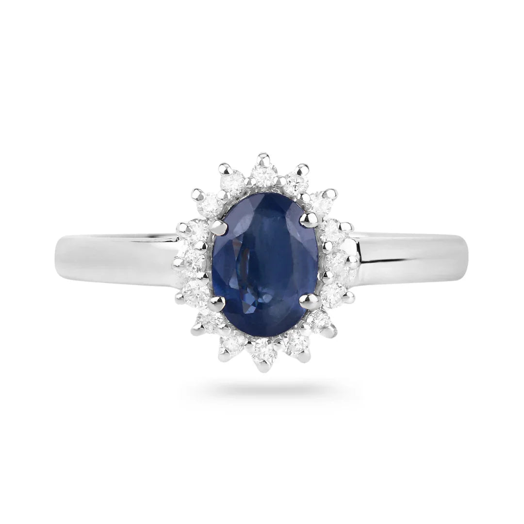 0.95 Ct Oval Blue Sapphire Diamond Prong 10k Gold Halo Ring