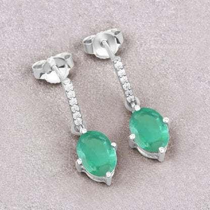1.44 Ct Oval Green Zambian Emerald Diamond Prong 10K Gold Dangle Earrings