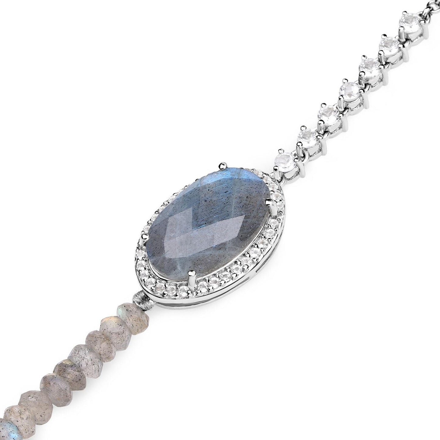 Oval Labradorite Prong Silver Asymmetrical Faceted Bead Tennis Chain Bracelet