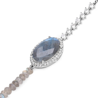 Oval Labradorite Prong Silver Asymmetrical Faceted Bead Tennis Chain Bracelet