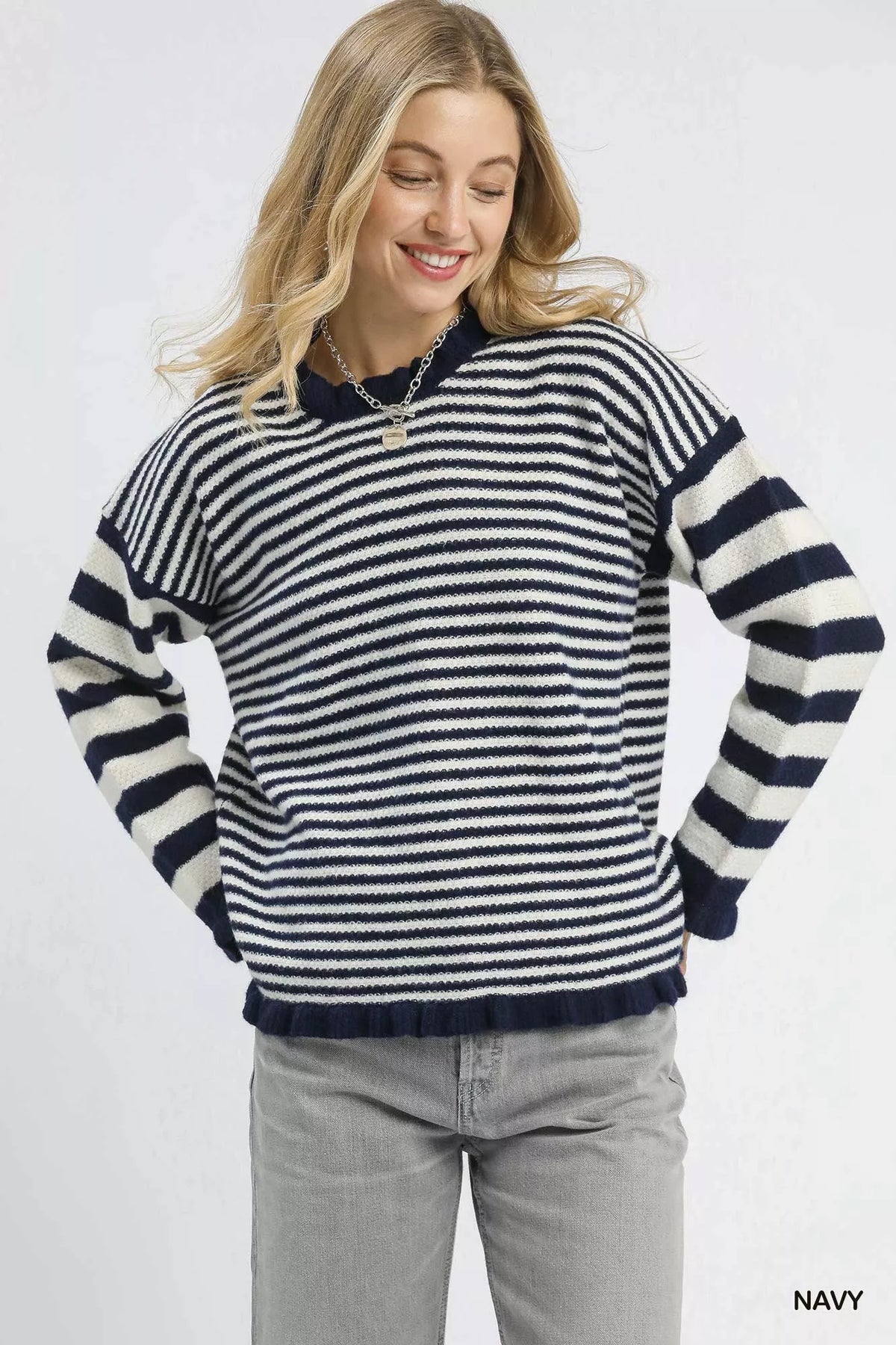 Umgee Ruffle Neck Stripe Sweater
