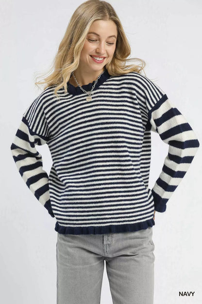 Umgee Ruffle Neck Stripe Sweater