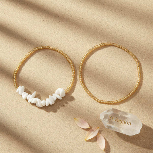 White Turqouise & Acrylic Irregular Beads Stretch Anklet Set