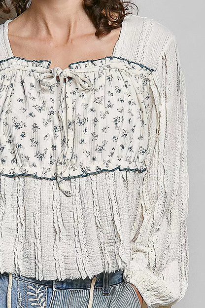 POL Square Neck Lace Long Balloon Sleeve Top