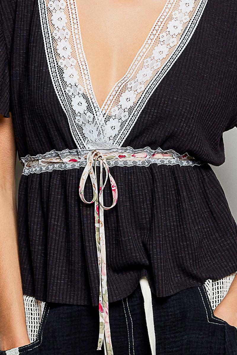 POL Tied Ruffled V-Neck Short Sleeve Blouse with Lace Detail in Black