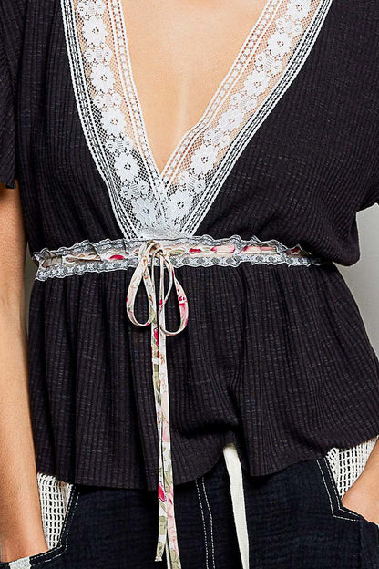 POL Tied Ruffled V-Neck Short Sleeve Blouse with Lace Detail in Black