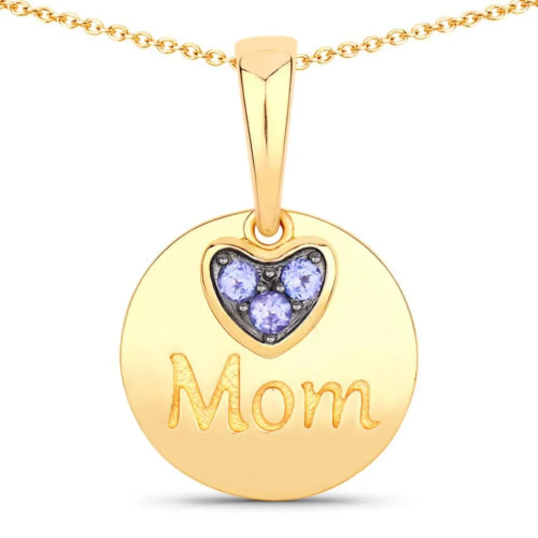 Round Violet Tanzanite Prong Gold Plated Silver Mom Heart Pendant Necklace