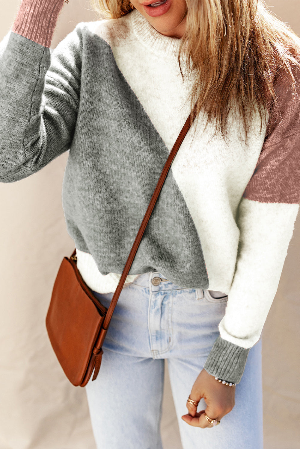 Threaded Pear Nicole Ribbed Trim Round Neck Sweater