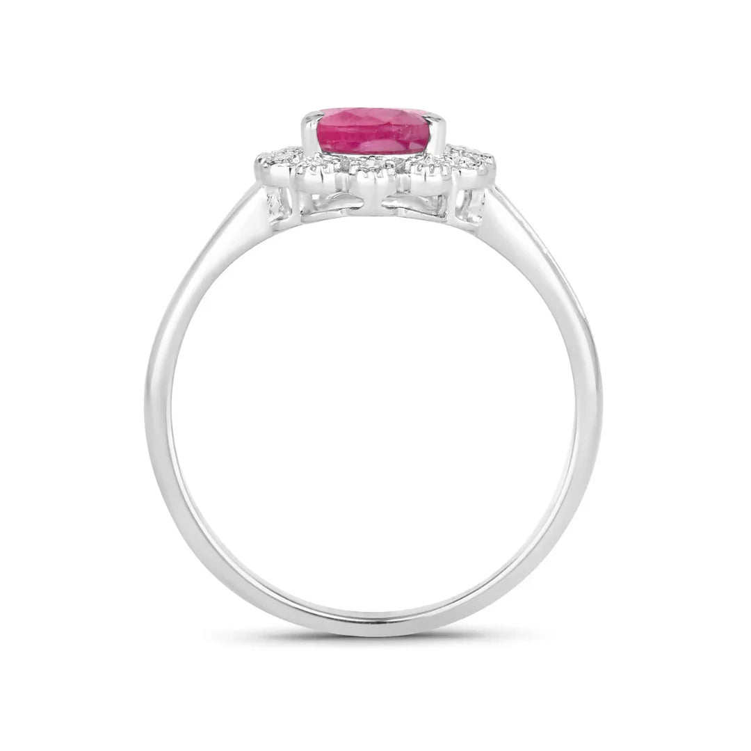 1.19 Ct Pear Pink Ruby White Diamond V-Prong 10K Gold Halo Ring
