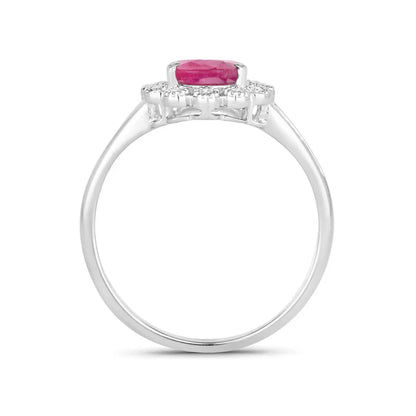 1.19 Ct Pear Pink Ruby White Diamond V-Prong 10K Gold Halo Ring