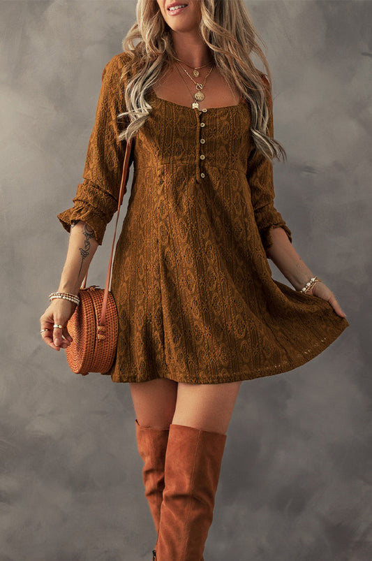 Elle Lace Crochet Buttoned Mini Dress - Threaded Pear