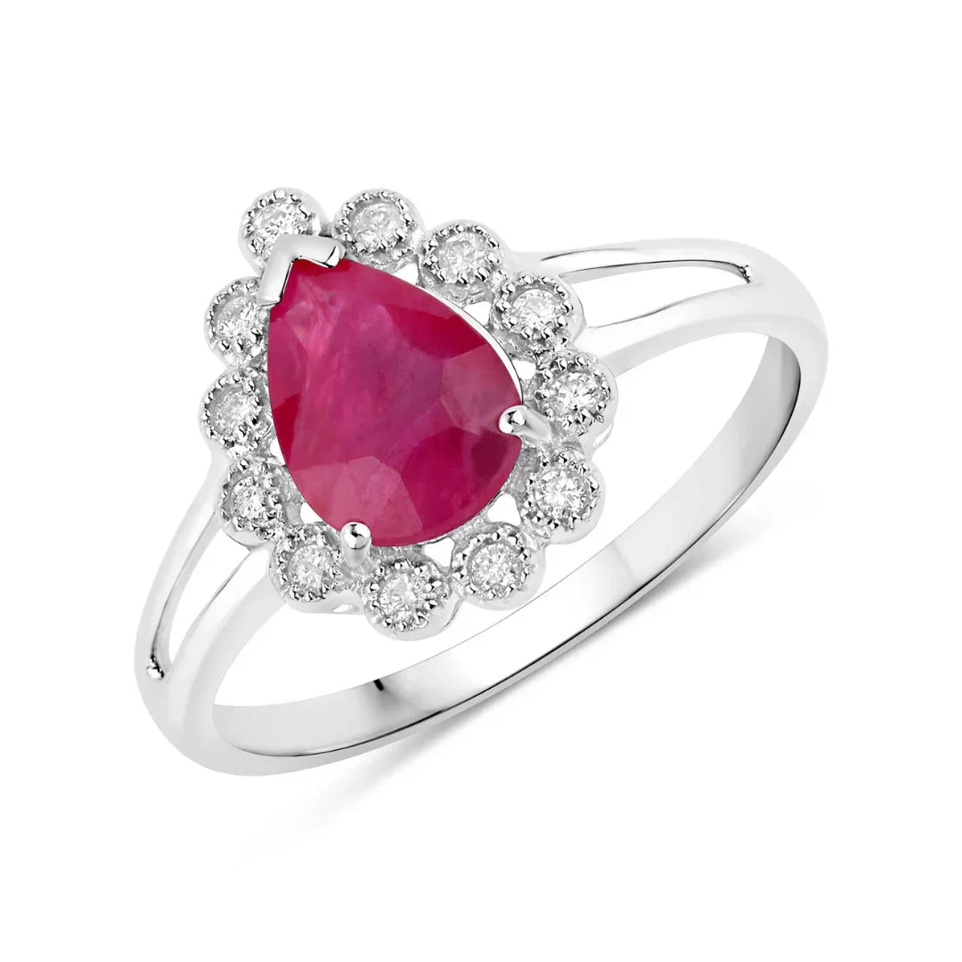 1.19 Ct Pear Pink Ruby White Diamond V-Prong 10K Gold Halo Ring