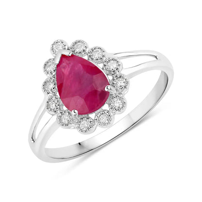 1.19 Ct Pear Pink Ruby White Diamond V-Prong 10K Gold Halo Ring