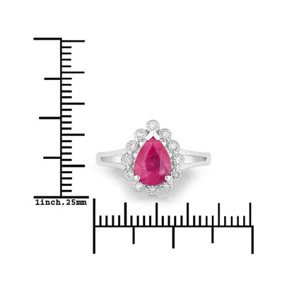 1.19 Ct Pear Pink Ruby White Diamond V-Prong 10K Gold Halo Ring