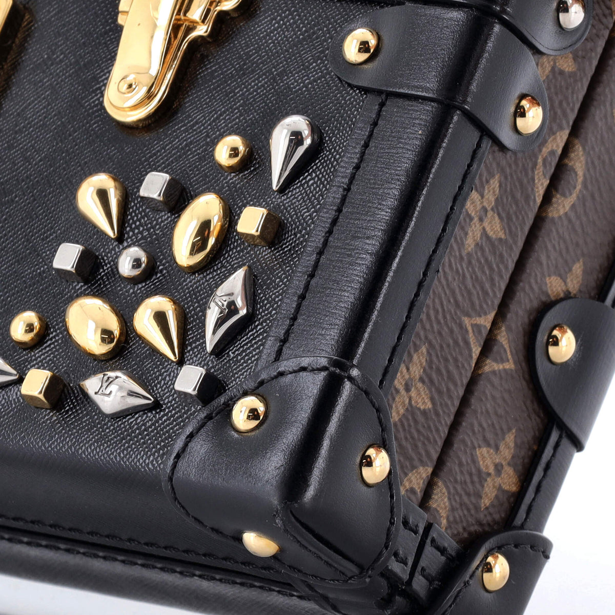 Petite Malle Handbag Studded Taiga Leather and Monogram Canvas