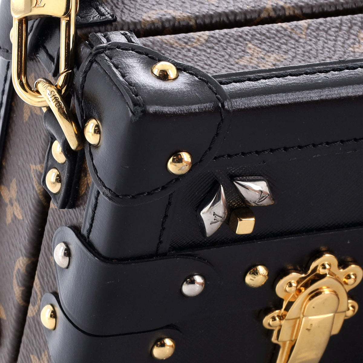 Petite Malle Handbag Studded Taiga Leather and Monogram Canvas