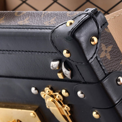 Petite Malle Handbag Studded Taiga Leather and Monogram Canvas