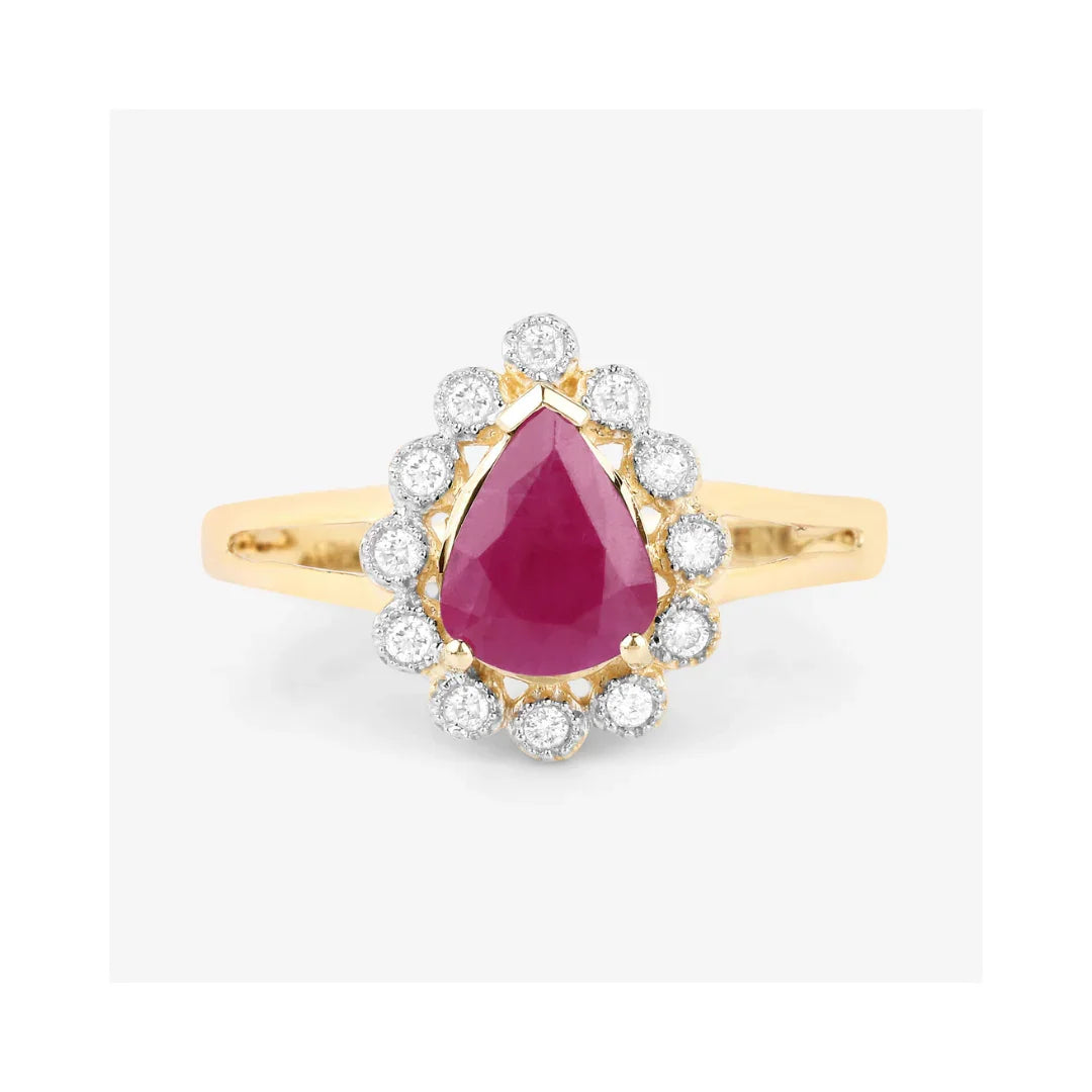 1.19 Ct Pear Pink Ruby White Diamond V-Prong 10K Gold Halo Ring