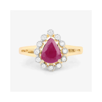 1.19 Ct Pear Pink Ruby White Diamond V-Prong 10K Gold Halo Ring