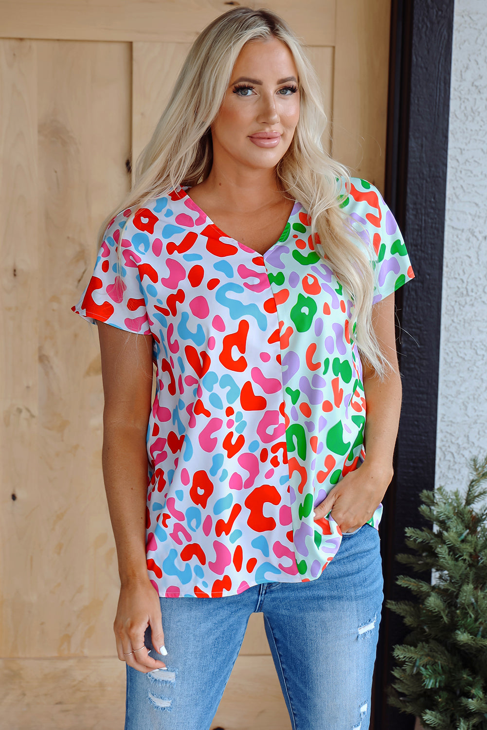 Threaded Pear Ruthie Print Short Sleeve Blouse