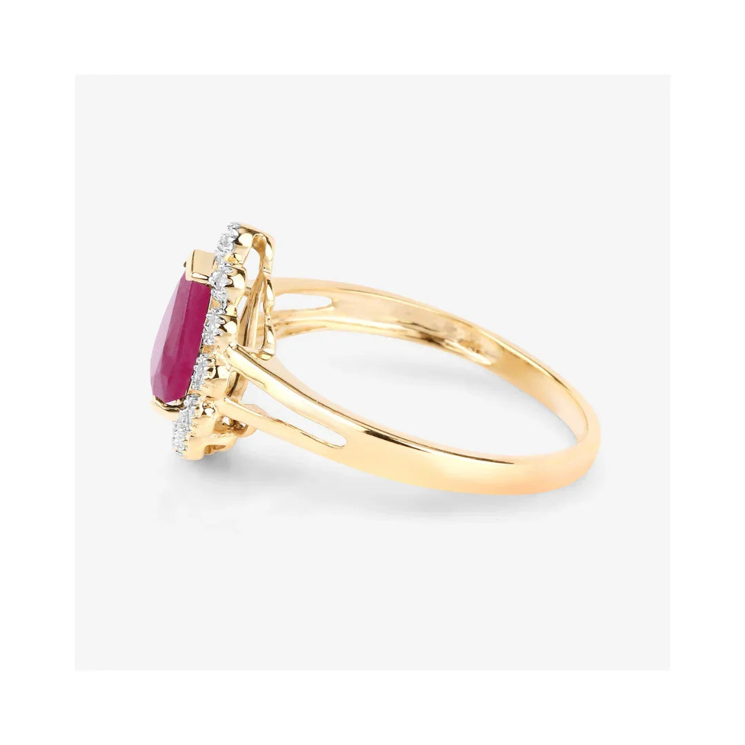 1.19 Ct Pear Pink Ruby White Diamond V-Prong 10K Gold Halo Ring