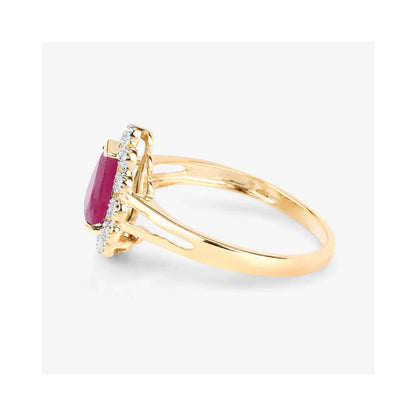 1.19 Ct Pear Pink Ruby White Diamond V-Prong 10K Gold Halo Ring