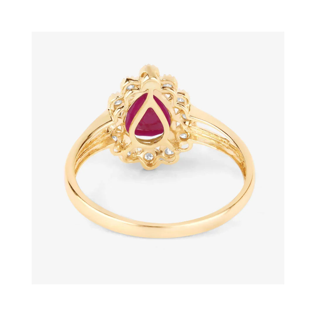 1.19 Ct Pear Pink Ruby White Diamond V-Prong 10K Gold Halo Ring