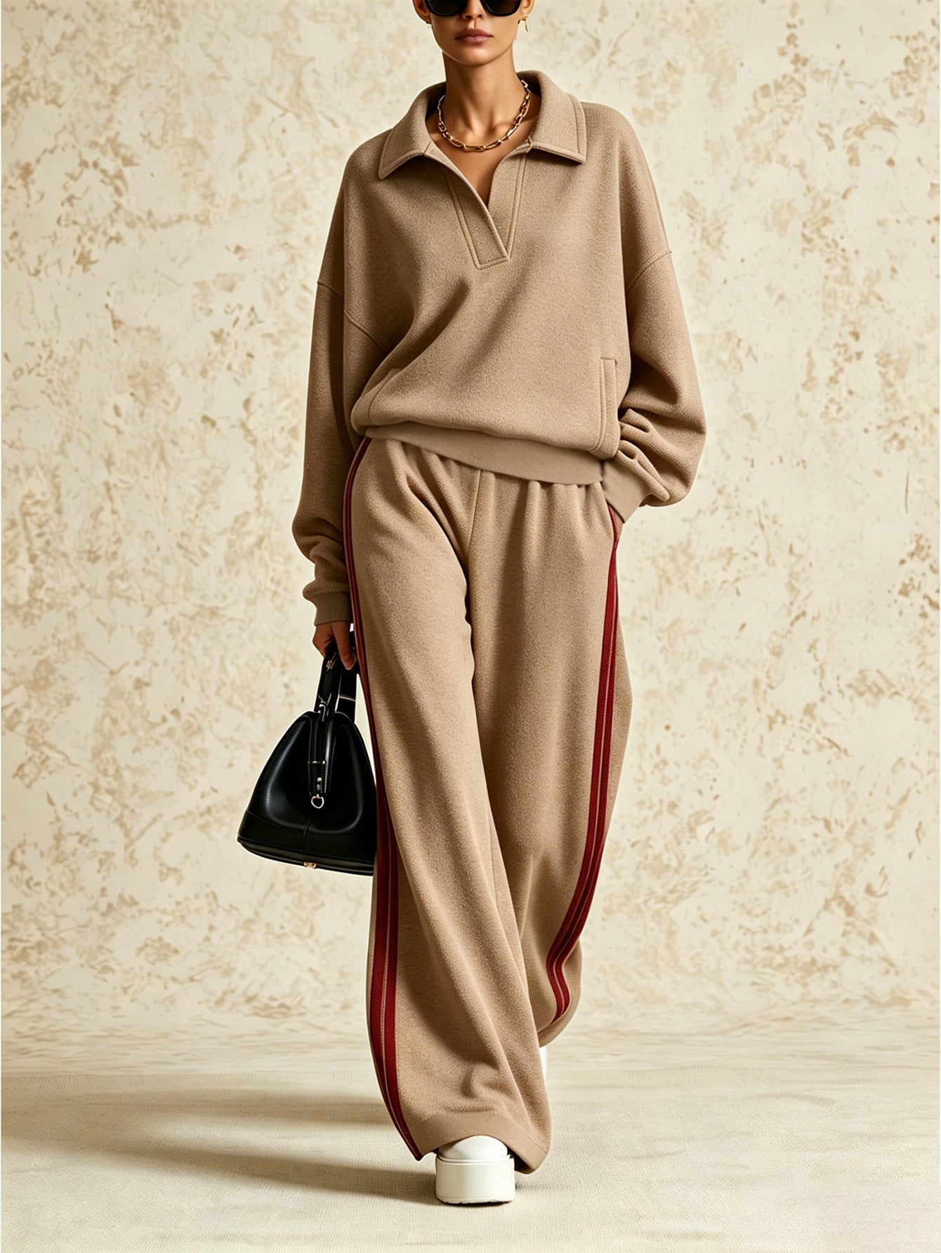 Women's Polo-Collar Oversized Sweatshirt & Side-Stripe Wide-Leg Pants Set