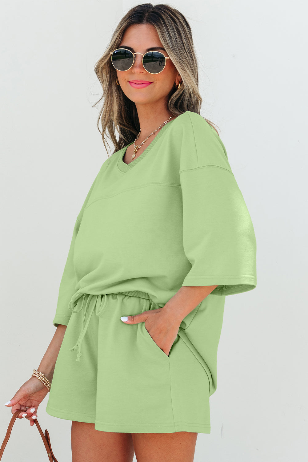 Threaded Pear Emmeline Loose V Neck Half Sleeve Tee and Shorts