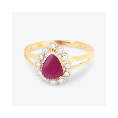 1.19 Ct Pear Pink Ruby White Diamond V-Prong 10K Gold Halo Ring