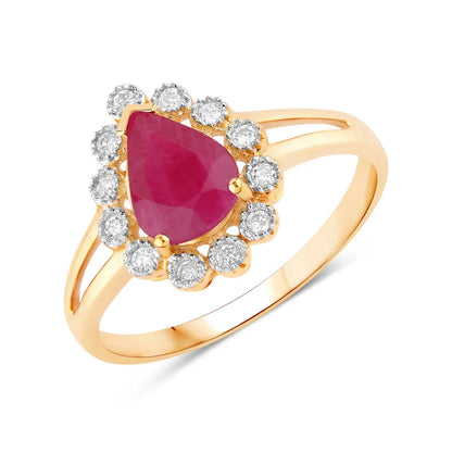 1.19 Ct Pear Pink Ruby White Diamond V-Prong 10K Gold Halo Ring