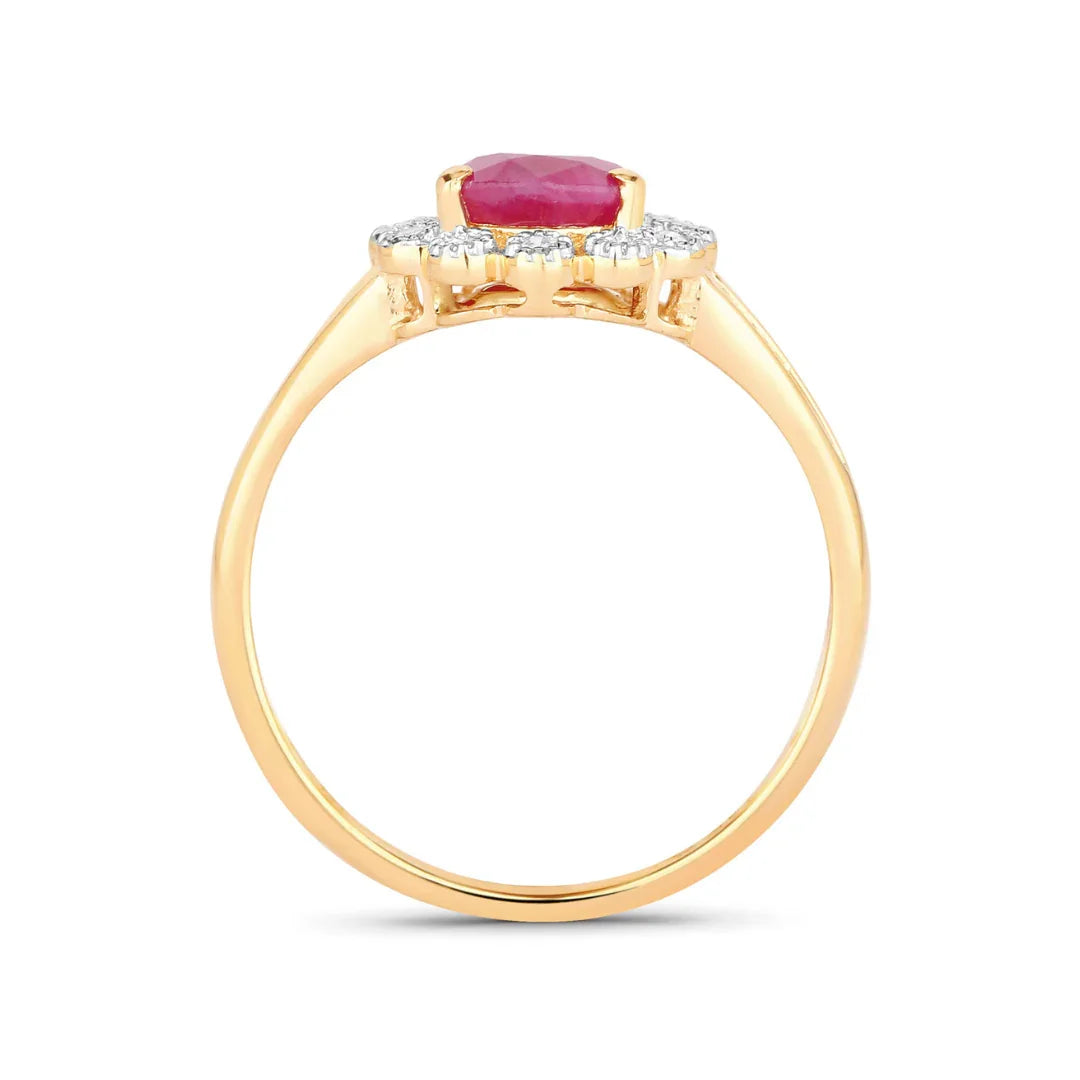 1.19 Ct Pear Pink Ruby White Diamond V-Prong 10K Gold Halo Ring