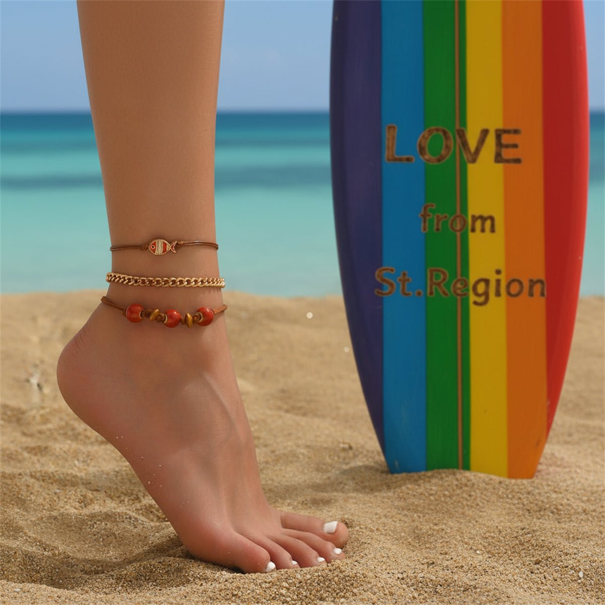 Ceramics & Enamel Polyster Goldtone Fish Charm Anklet Set