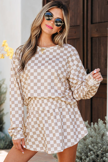 Threaded Pear Emily Checkered Long Sleeve High Waist Skort 2pcs Set