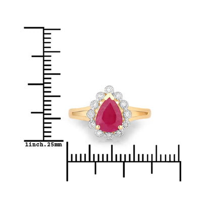 1.19 Ct Pear Pink Ruby White Diamond V-Prong 10K Gold Halo Ring