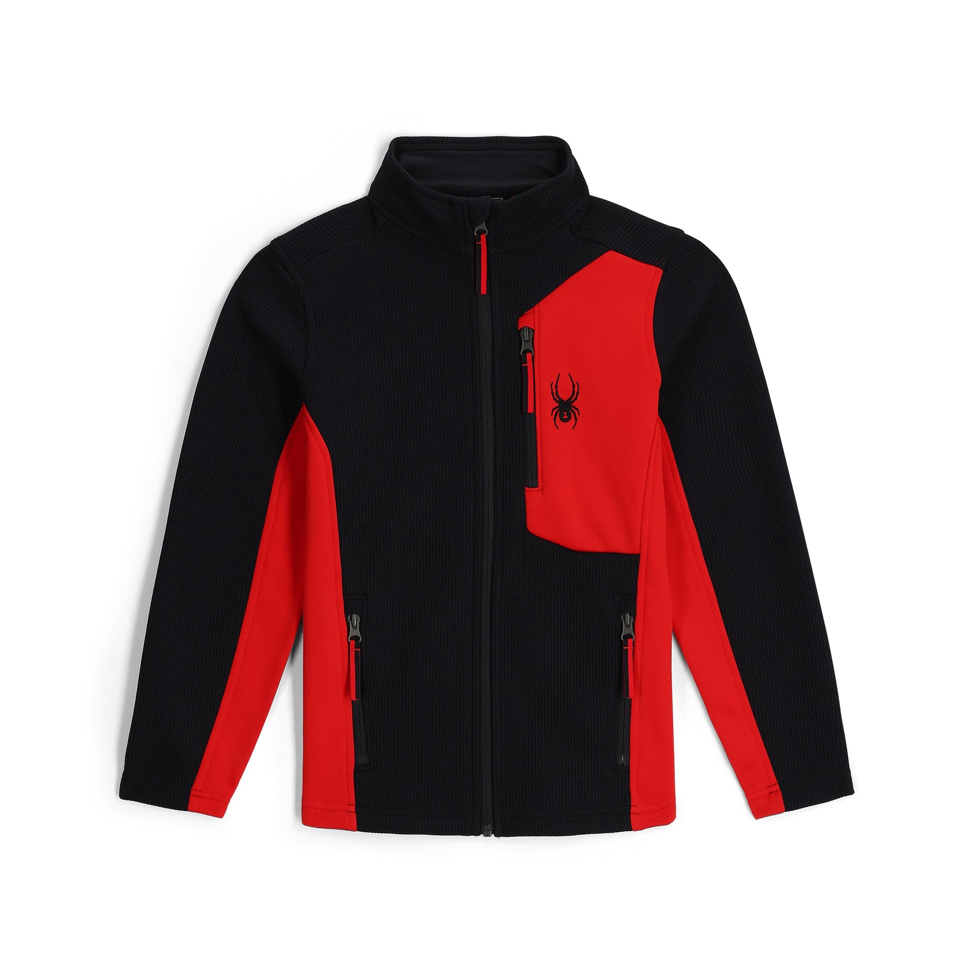 A boys' full zip bandit jacket in black with red accents, featuring a chest pocket and a spider logo on the left chest area.