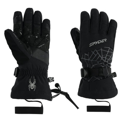 A pair of black Spyder kids' gloves with textured grip treatment and a visible logo on the backhand.